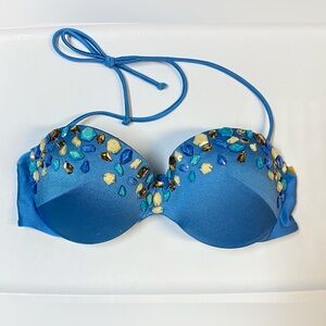 Victoria's Secret Push Up Blue Embellished Gems Bikini Swim Top Underwire 34C